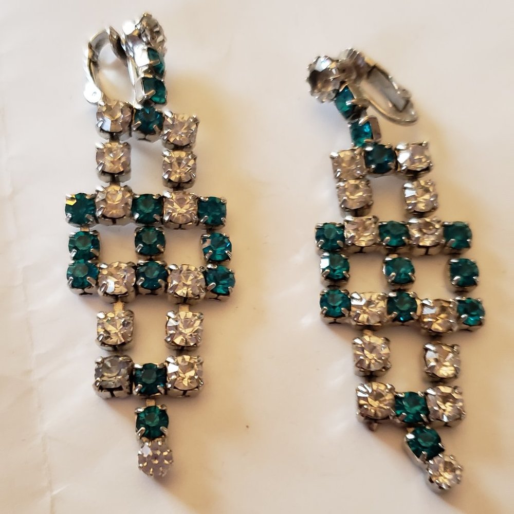 Gorgeous teal green & zirconia chandelier clip earrings